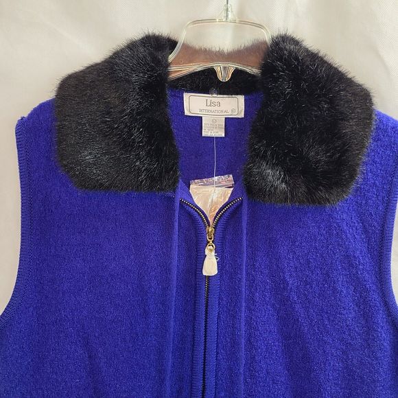 NWT Lisa Int. Women (L) Blue Boiled Wool Vest w/Faux Fur Collar-HAS ISSUES - Picture 6 of 16